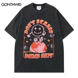 Funny Planet Space Print T Shirt 2023 Summer Vintage Washed Round Neck Y2K Cartoon T-shirt Graphic Casual Loose Streetwear