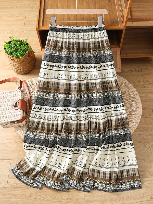 

Bohemian Print Loose Women's Midi Skirt Elastic Waist A-Line Summer Spring Vintage Style Casual High Waist Flared Long Skirt