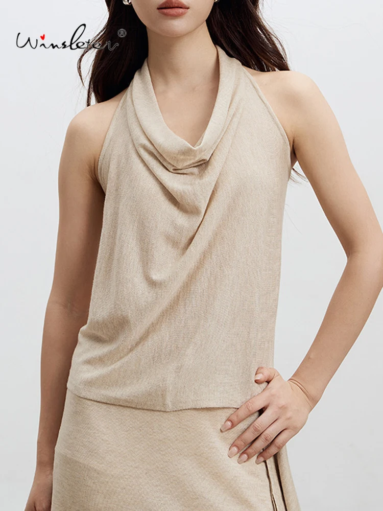 

Winsleter-28.8%Wool 3%Silk Elegant Vest Sweater, Women Halter Solid, Fashion Commute Backless Knit Vest, 2025 Autumn T58636CC