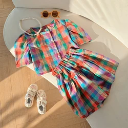 Girls' Set 2023 Summer New Korean Children's Clothing Colorful Plaid Bubble Sleeve Shirt+Shorts Two Piece Girls' Set