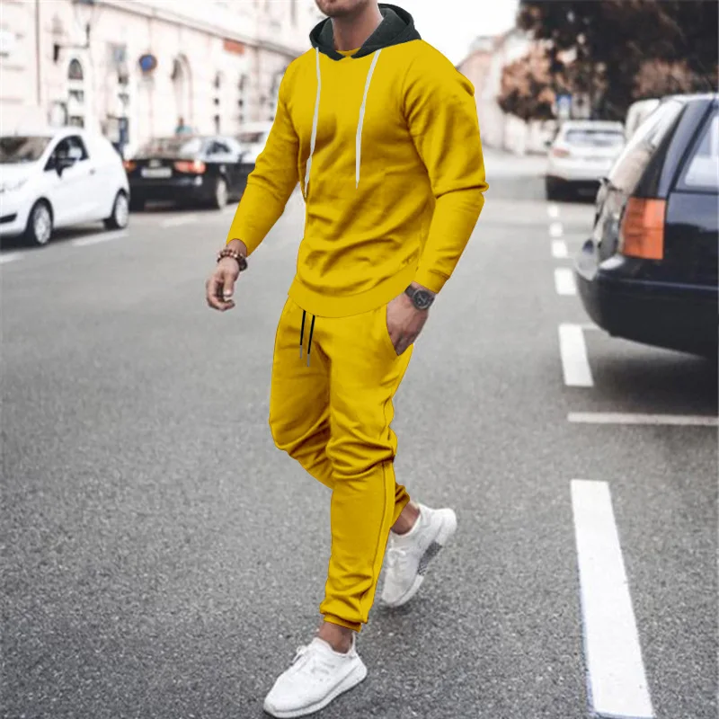 Men\'s long sleeve Casual  Pajamas 2pcs set Homewear Hooded soild color Pajamas Men Sleepwear Size M-3XL