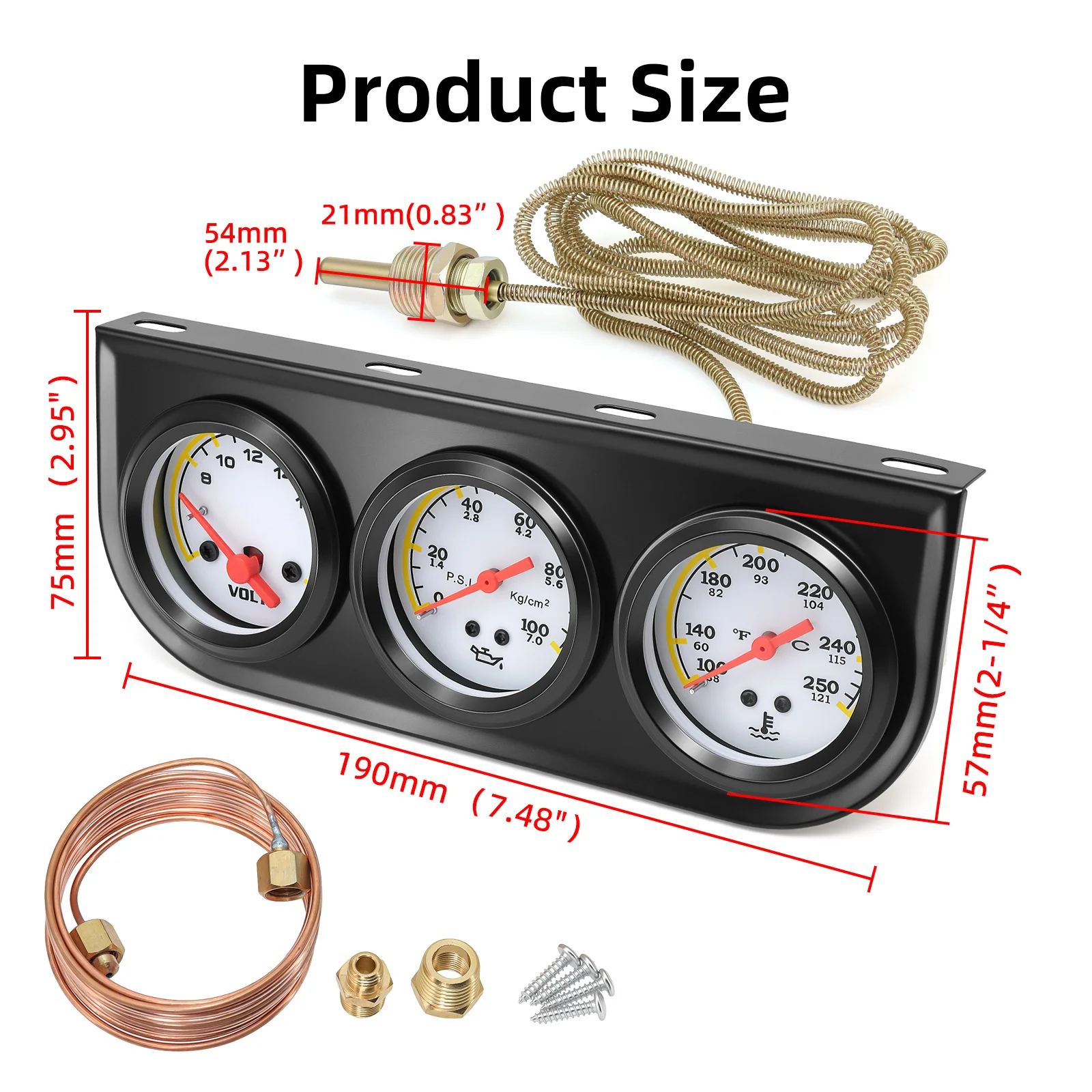 Oil Temp Oil Pressure Volt 3-In-1 Kit Meter 52mm Car Multi-function Black/Chrome Bezel Triple Gauge Set Instrument With Sensor view 2