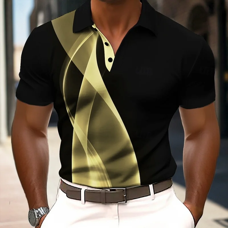 

3D Printed Colorful Stripe Polo Shirt For Men Texture Pattern Short Sleeves Summer Street Lapel T-Shirt Button Loose Tees Tops