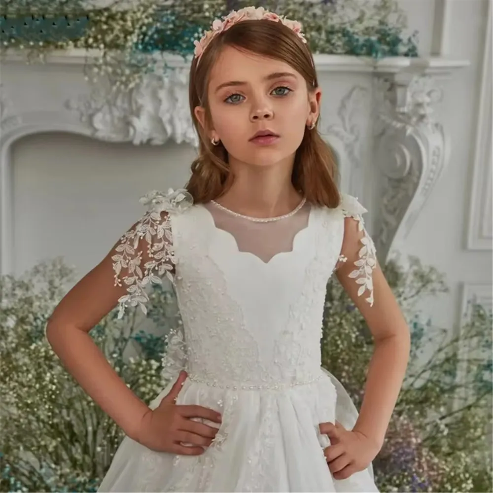 Elegante flor menina vestido de casamento apliques pérolas arco sem mangas cetim boho princesa crianças festa aniversário primeira comunhão vestido