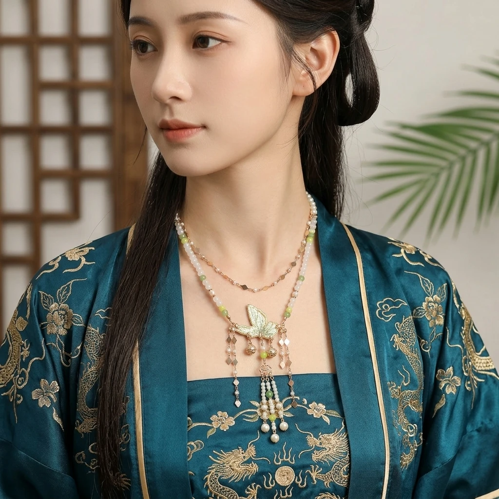 Green Butterfly Necklacetraditional Beads Pendant Chinese Hanfu Accessories Vintage Collarbone Chain Multilayers Tassel Choker
