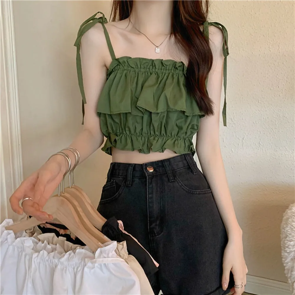 

with Ruffle Edge Sleeveless Vest Sweet Strap design High Waist Women Camisole Off Shoulder Sleeveless Short Vest Ladies