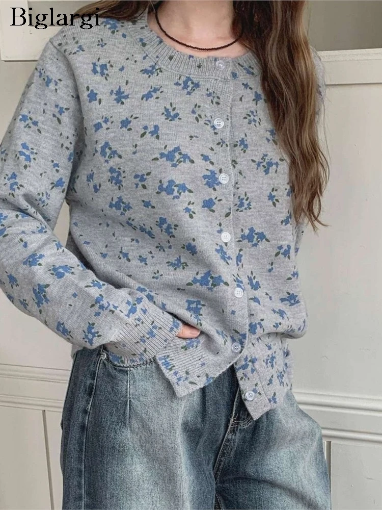 

Knitted Autumn Cardigan Women Floral Print Fashion Casual Loose Ladies Cardigans Korean Style Long Sleeve Woman Sweater Coats