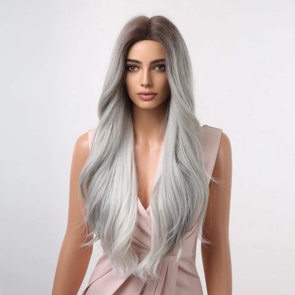 Long Body Wavy Wigs Grey with White Cosplay Synthetic Hair Wigs for Women Party Lolita Use Fake Hair Heat Resistant Dark Root