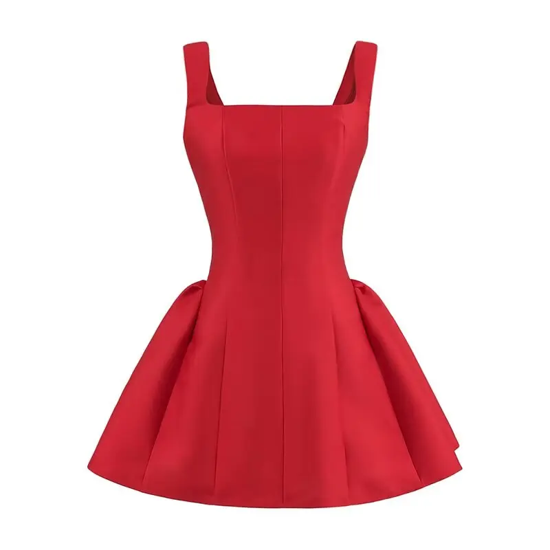 

Red Square Collar Belted Strapl Dr Women's Lightweight Summer Dr Slim Fit Puffy ort Skirt without Sves