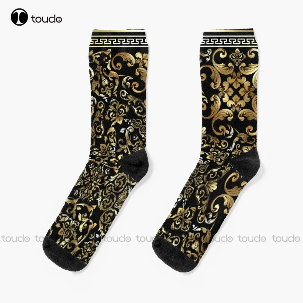 

Ornate Baroque Black And Gold Greek Key Border Socks Yellow Socks Personalized Custom Unisex Adult Teen Youth Socks Custom Gift