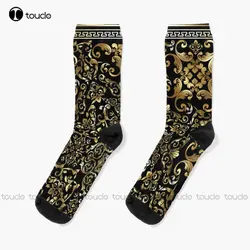 Ornate Baroque Black And Gold Greek Key Border Socks Yellow Socks Personalized Custom Unisex Adult Teen Youth Socks Custom Gift