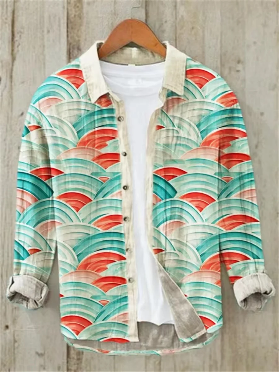 The new vintage Hawaiian long-sleeved shirt with fish patterns is a men's casual clothing item that is breathable and comfortabl - Image 2