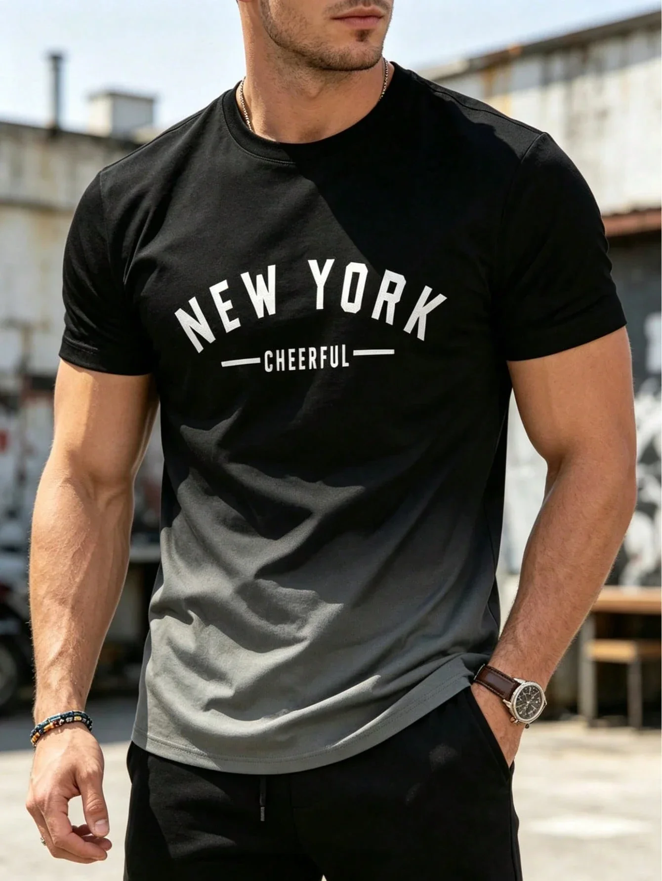 New York Cheerful Print Baumwoll-T-Shirts für Herren, Sommer-T-Shirt mit übergroßem O-Ausschnitt, kurzärmelig, bequeme, weiche Oberteile, Basic-Kleidung
