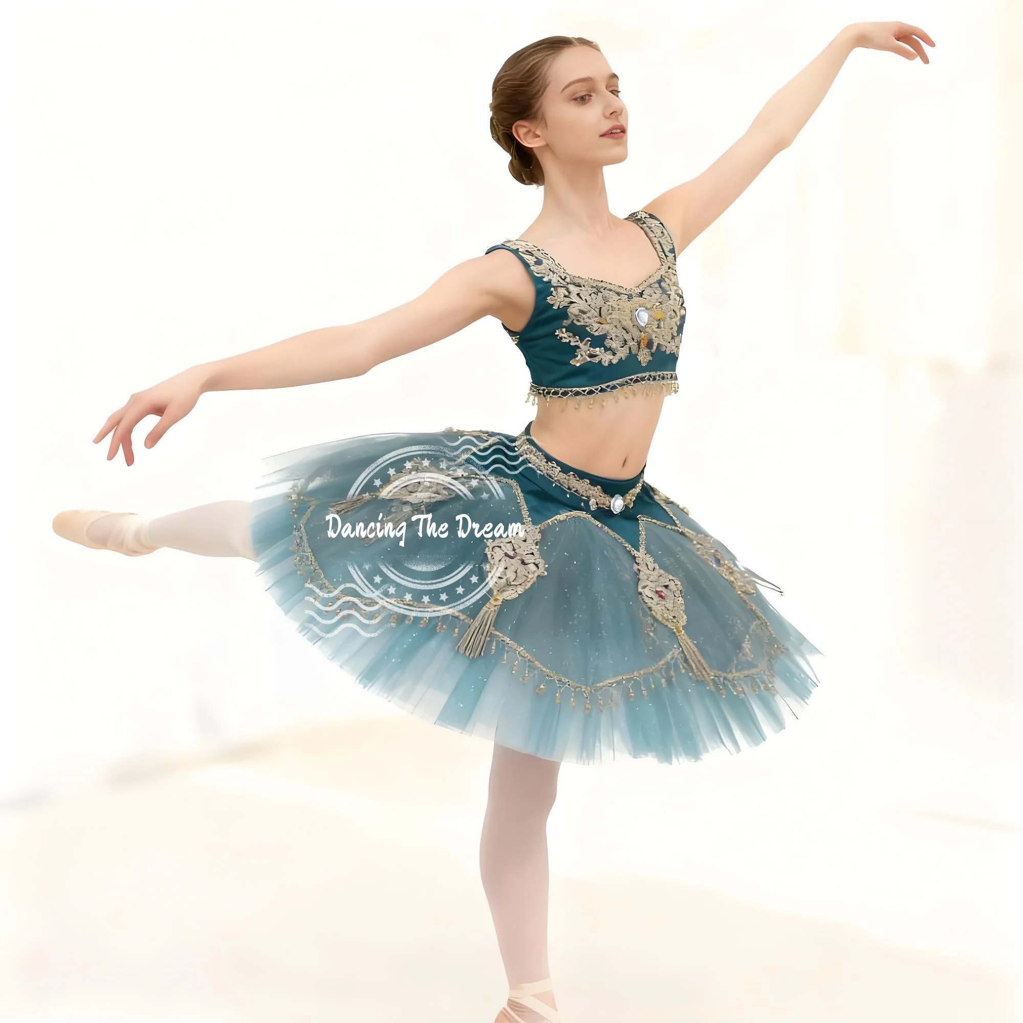 

Teal And Gold Embroidered Ballet Tutu Set Two-Piece Girls Dancewear for Recital Performance Costume