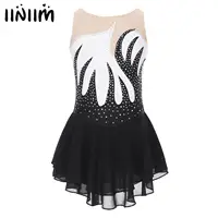 Traje de patinaje artístico para gimnasia con diamantes de imitación brillantes para niñas, vestido de actuación de danza lírica de Ballet sin mangas de malla transparente