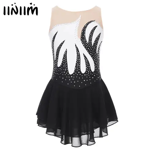Traje de patinaje artístico para gimnasia con diamantes de imitación brillantes para niñas, vestido de actuación de danza lírica de Ballet sin mangas de malla transparente
