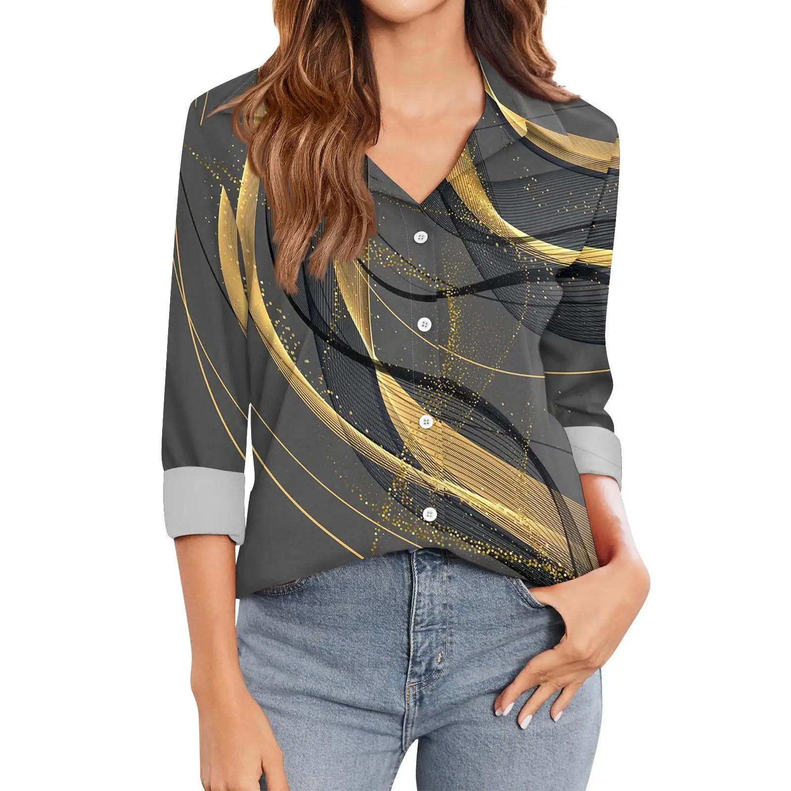 

Женская рубашка с длинным рукавом в полоску с 3D градиентным принтом, весенне-осенняя модная повседневная одежда, винтажные рубашки с лацканами, женские офисные рубашки