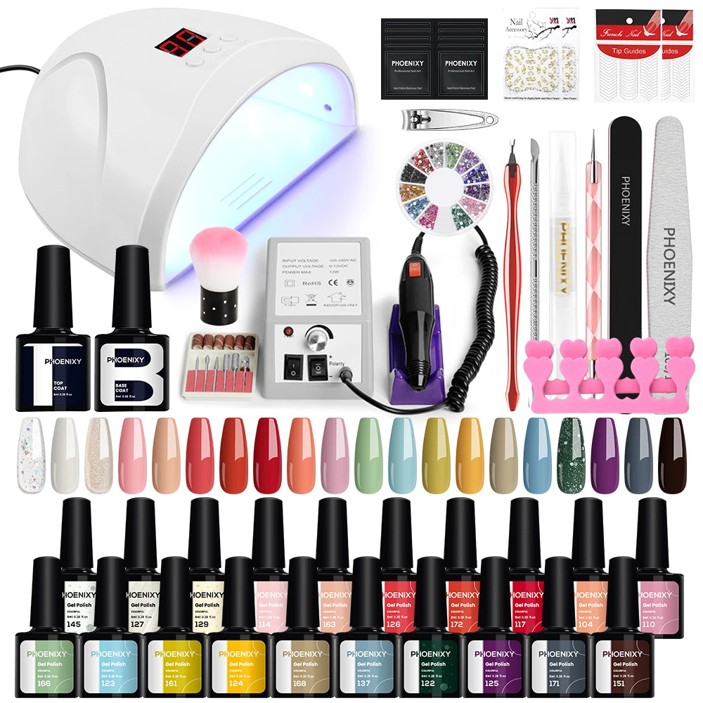 Phoenixy Nail Art Kit 20PC Gel Nail Polish Kit with UV LED Lamp Dryer Semi Permanent Gel Varnish Nail Drill Machine Manicure Set