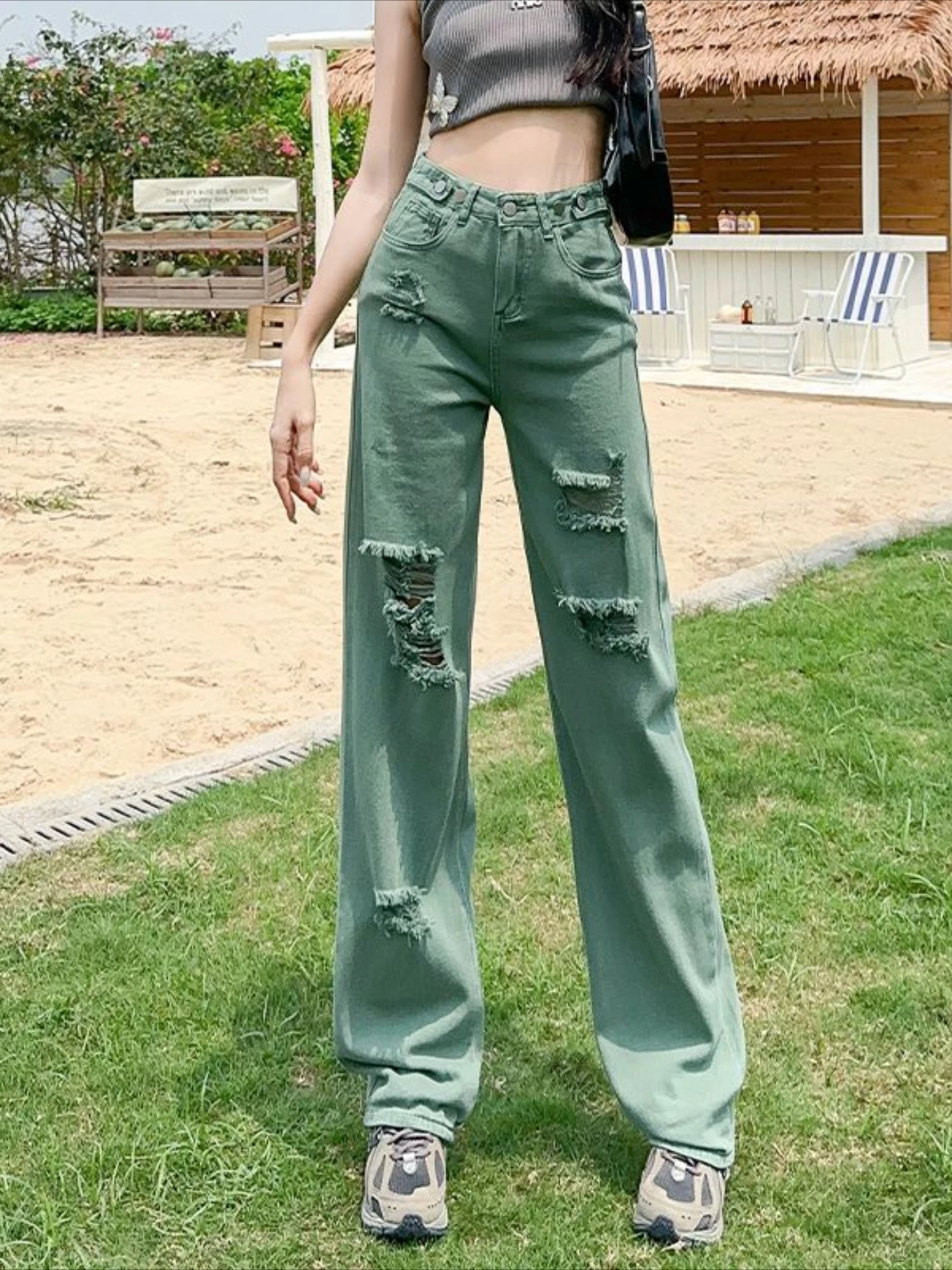 Ripped Trousers Straight Leg Women\'s with Holes Jeans Cowboy Pants for Woman Torn Green High Waist Shot 2025 Korean Style Unique