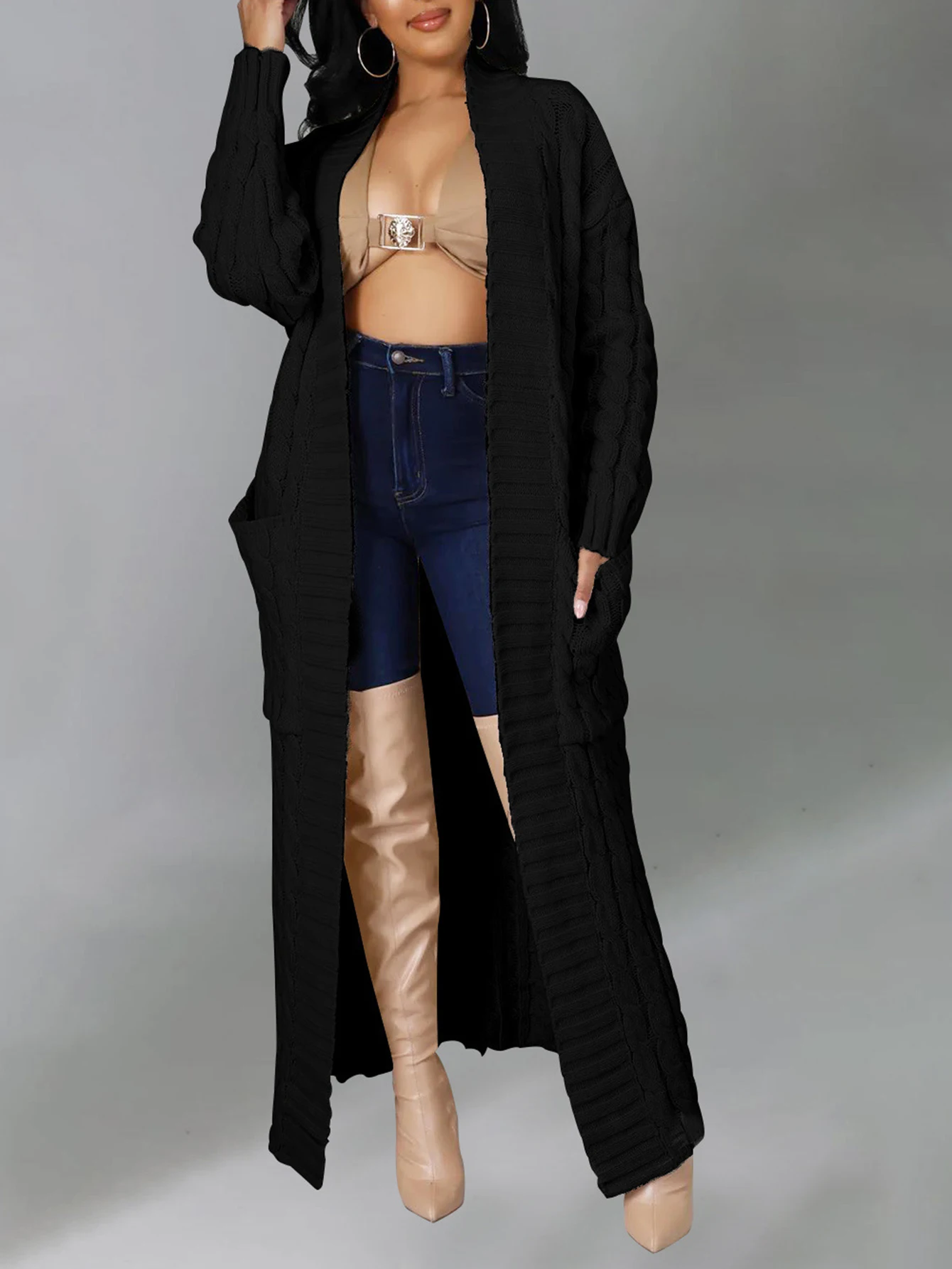 

Женский свитер с длинным рукавом, осенне-зимняя мода, удобное однотонное пальто с открытой передней частью, повседневная одежда, стиль пальто