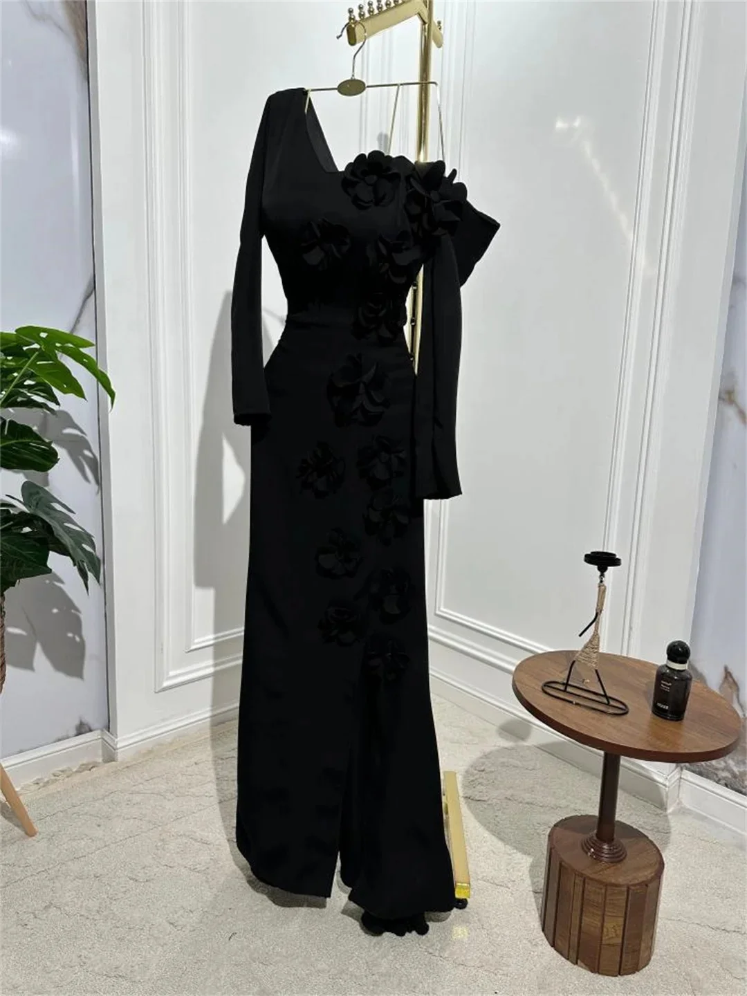 DY Custom Made Black Side Slit Long Sleeves Robe Open Back Floor Length One Shoulder Wedding Evening Dress فستان سهرة