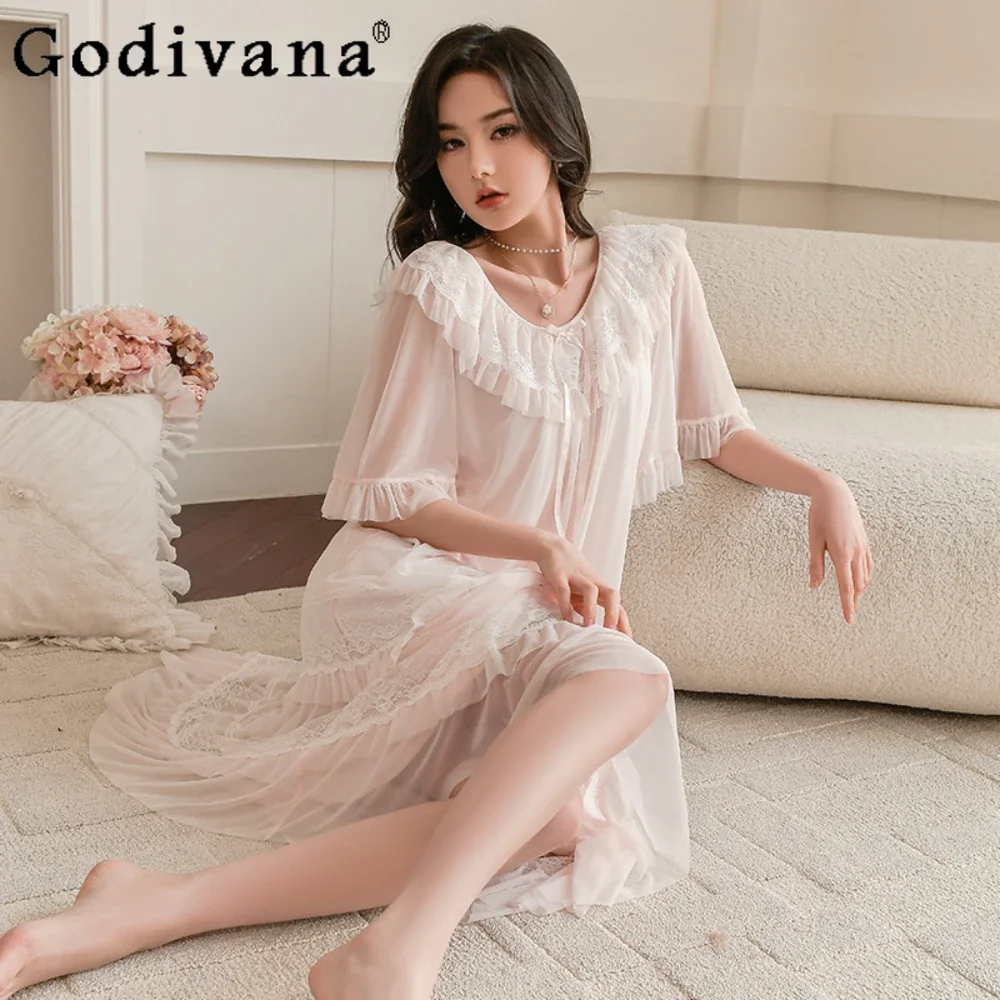 

Pajamas Women's Summer Short Sleeves Court Princess Style Sleepwear Elegant Loose Nightwear