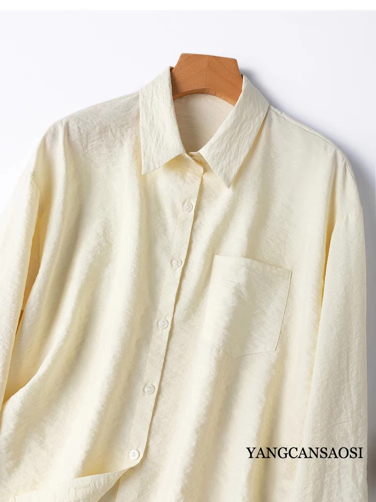 76% Natural Mulberry Silk Dry Silk French Pocket Design Turn-down Collar Loose Office Women's Commuting Long Sleeved Shirt