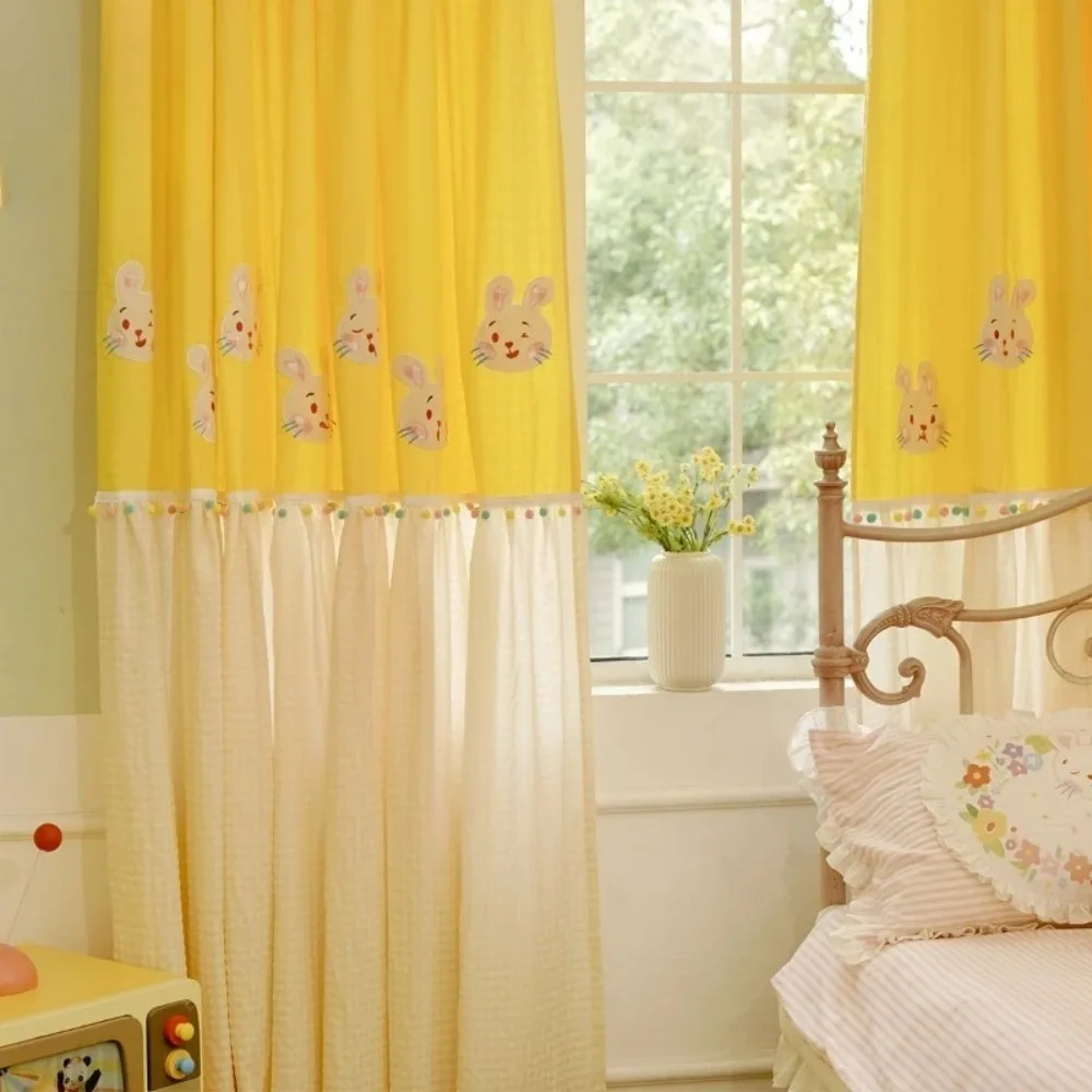 Original Rabbit Embroidery Heavy Duty Retro Fun Cute Curtains for Childrens Room Bedroom Custom Size Blackout Window Drapes