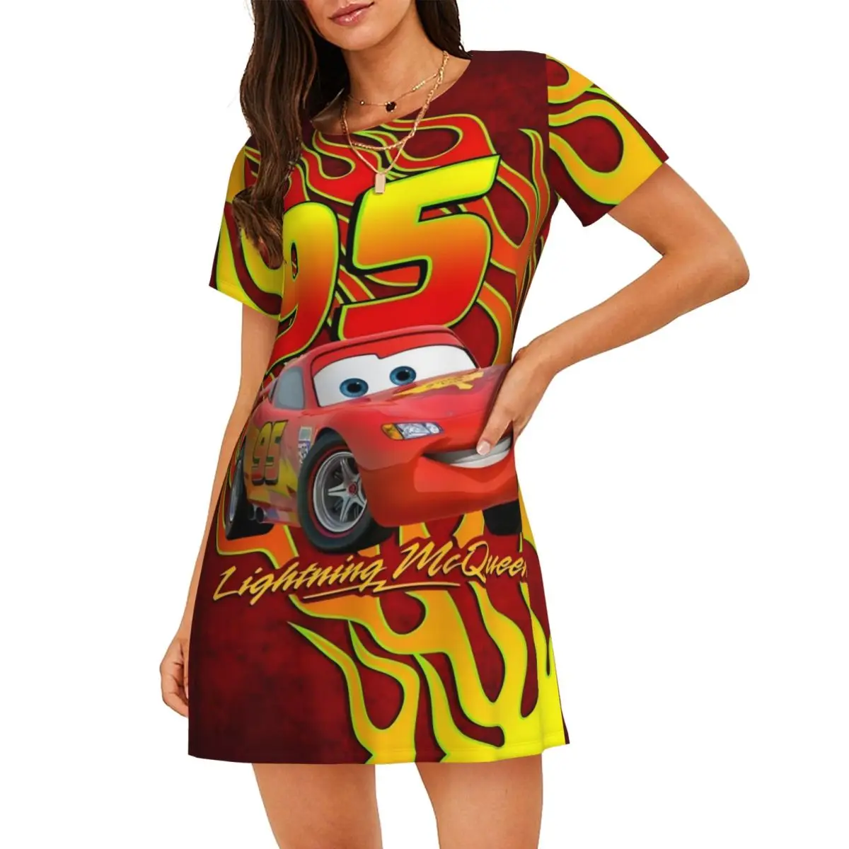 

Custom Lightning McQueen Womens Short Sleeve Sleepshirt A speeding race car Nightgown For Shopping Travels Sleepdress