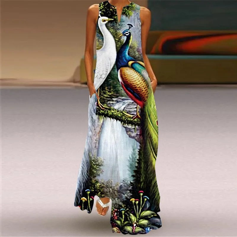 

Women Sleeveless Peacock Print Summer Beach Dress Elegent V-Neck Boho Maxi Dress Summer Party Vocation Dresses 2024 New Fashion