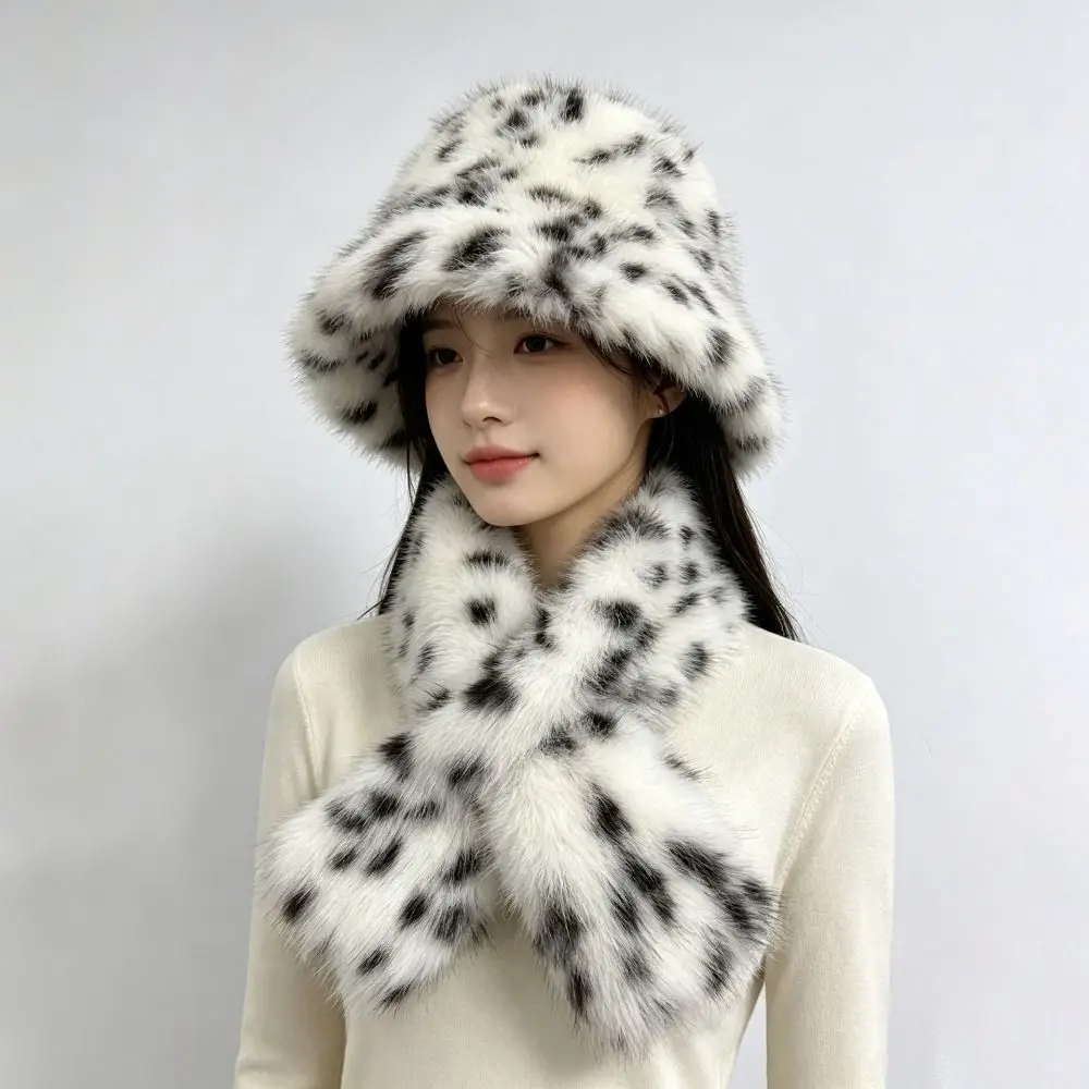 2-Piece Set Rolled Brim Faux Fur Bucket Hat Windproof Soft Cross-tie Scarf Set Face-Slimming Winter Head Neck Accessories