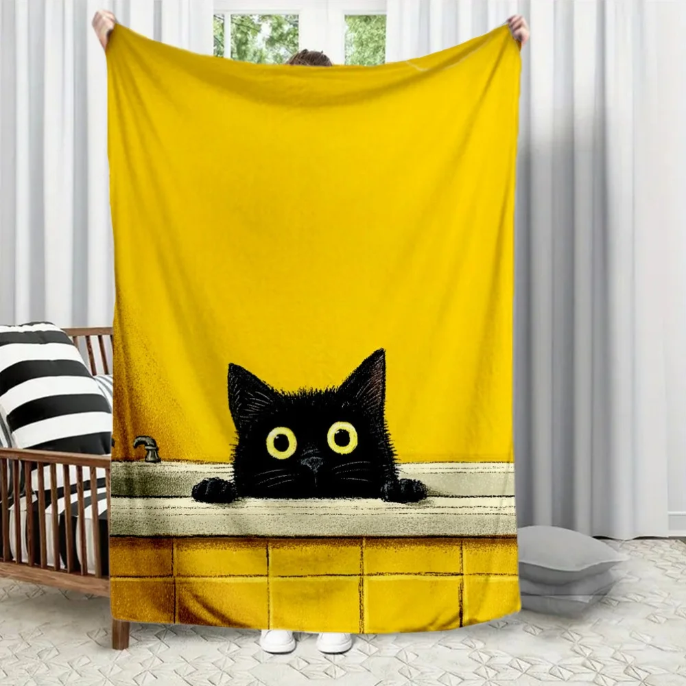 Black cat head design Flannel printed blanket suitable for all seasons suitable for living room office sofa and travel 180x250CM