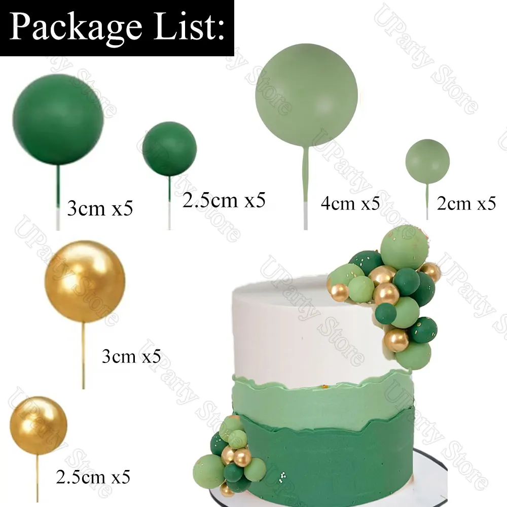 30Pcs Green Balls Cake Toppers Gold Dark Sage Green Cake Balls for Jungle Animal Birthday Baby Shower Wedding Cake Decorations