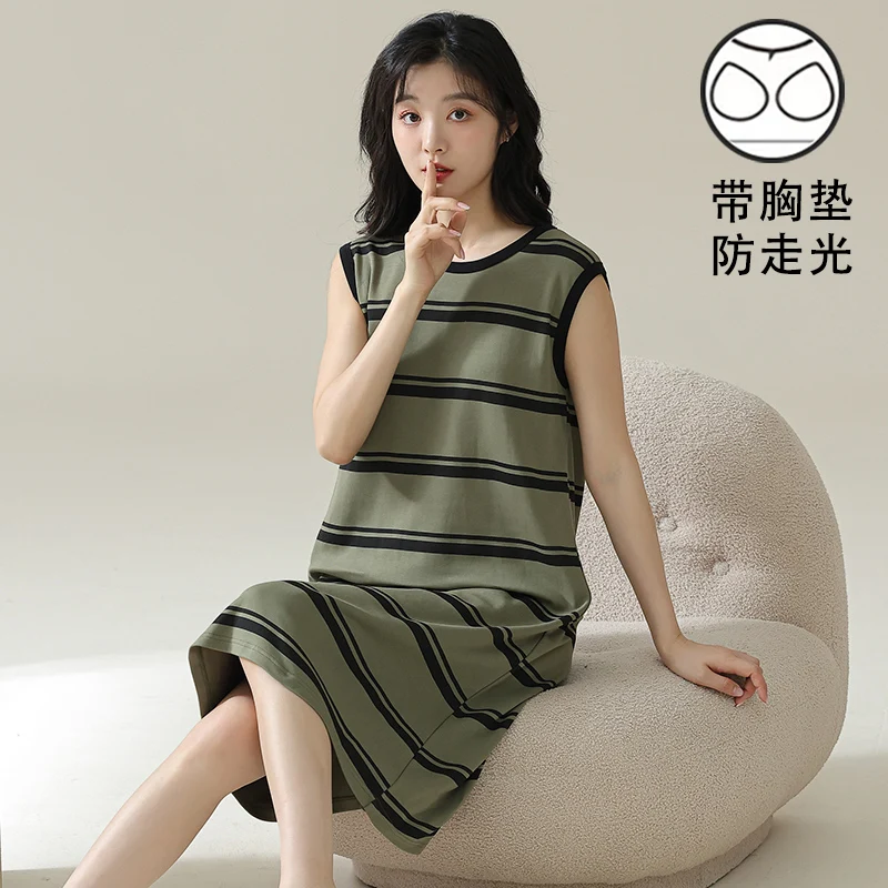 Korean Pajamas Women's Cotton Sleeveless Nightdress with Bra Pad Ladies Summer Thin Home Service Striped Night Dress sleep dress