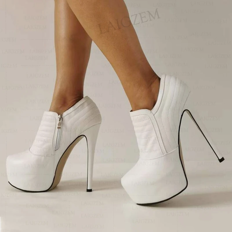 SEIIHEM Women Ankle Boots Platform Round Toe Side Zip Thin High Heels Short Boots Ladies Handmade Shoes Woman Big Size 40 44 52