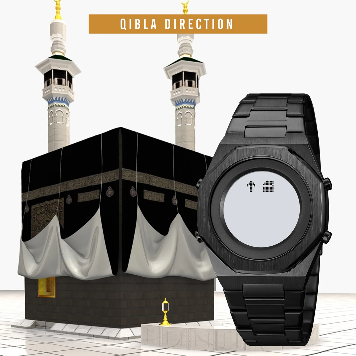 SKMEI New Stainless Steel Back Light Hijri Islamic Wristwatch Muslim Azan Men Watches for Prayer with Qibla Compass reloj hombre