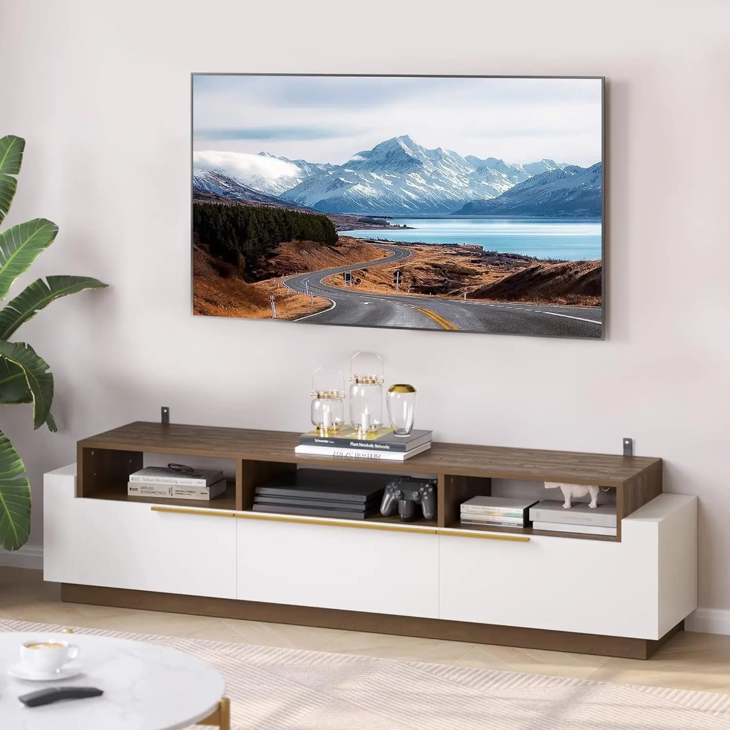 

Comfort corner 70" TV Stand for TV up to 70",Home Entertainment Center with Open Shelves and Drawers,for Living Room