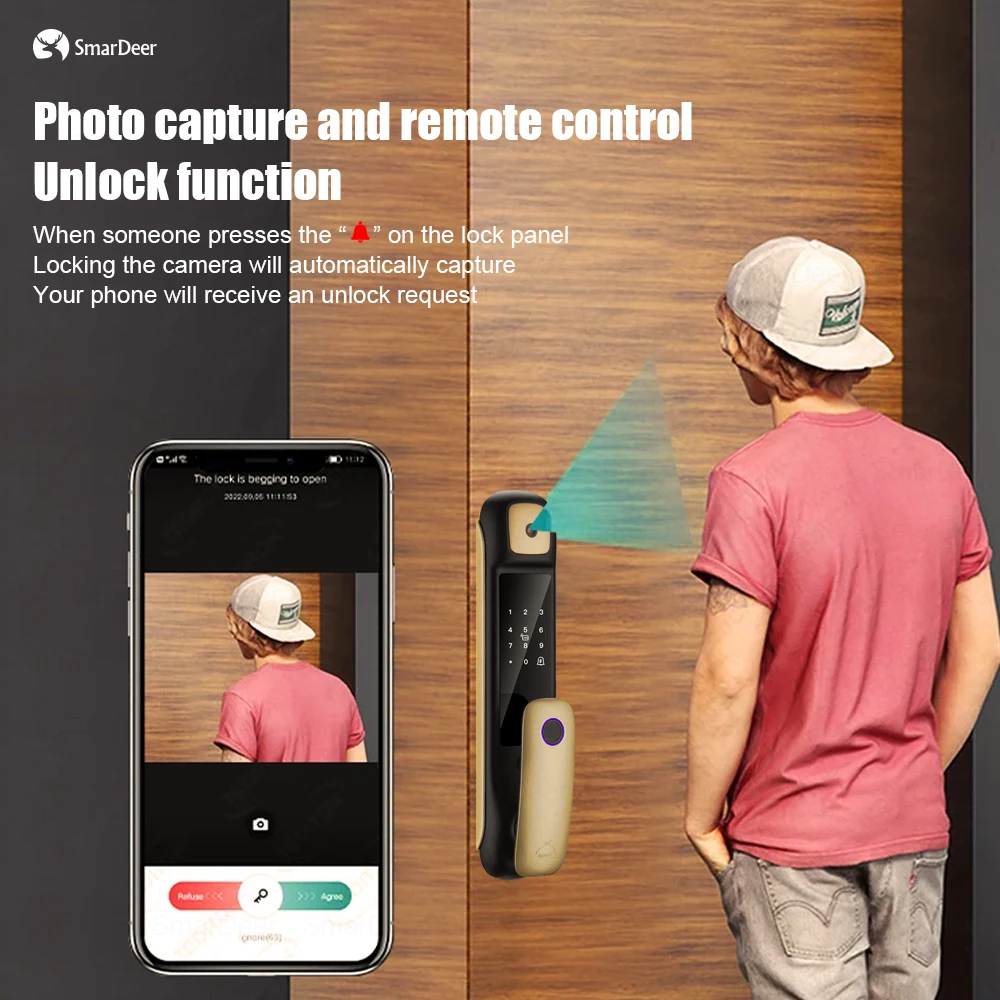 SmarDeer Digital Electronic Lock With Camera Tuya Smart Lock Keyless Biofingerprint Fingerprint Lock with WiFi