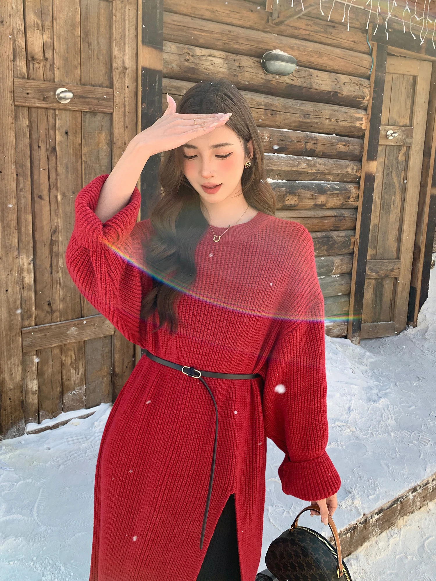 

Красный свитер, дизайн средней длины, прямой крой, утягивающий комплект из двух предметов, новогодняя одежда для посещения, теплая осень-зима