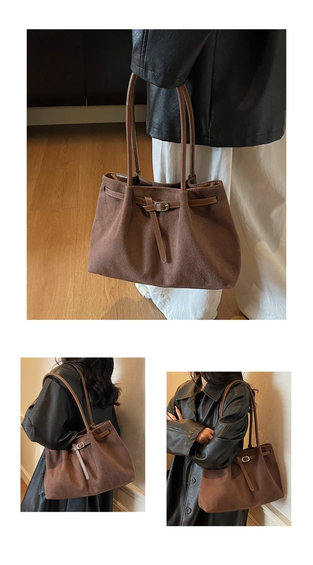 Elegante Wildleder-Umhängetasche mit großem Fassungsvermögen, Retro-Handtasche, einfarbig, erhältlich in 4 Farben, Pendler-Tragetasche, Schule/Reisen/Arbeit – Detail 5