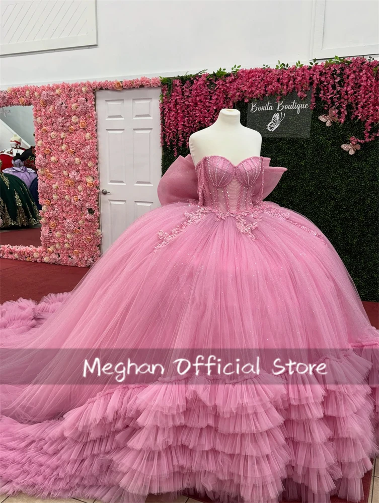 Pink Shiny Quinceanera Dresses Off The Shoulder Lace Beading Bow Tiered Tull Party Birthday Sweet 16 Dress Vestidos De 15
