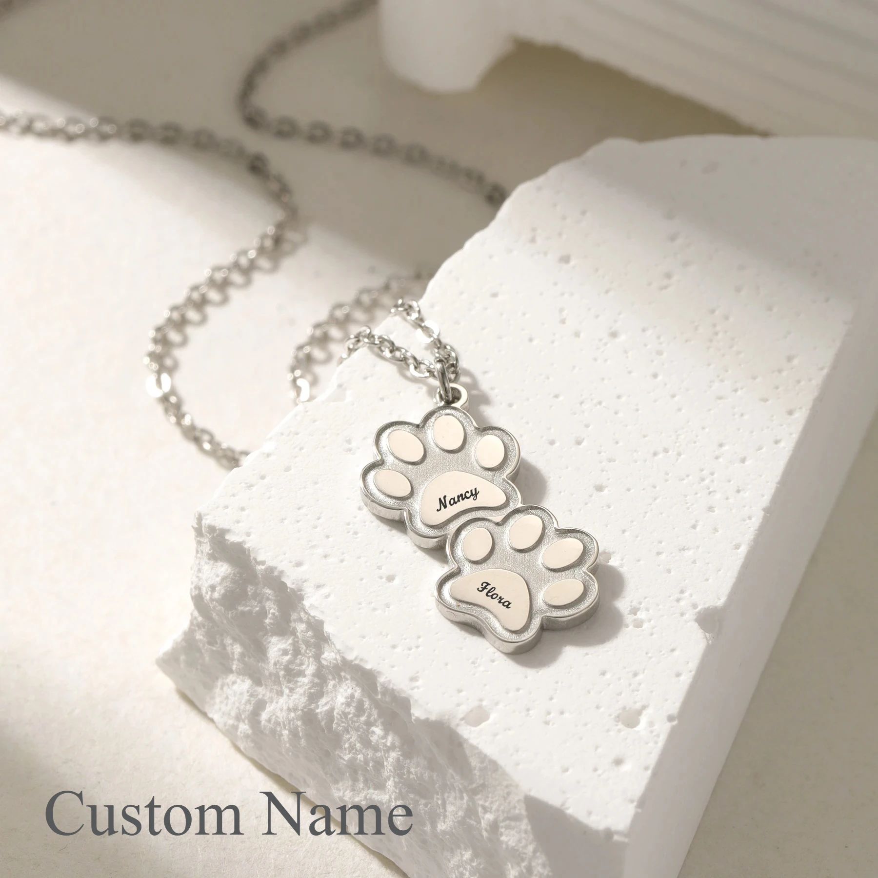

Personalized Dog Paws Necklace Engrave Custom Pet Name Paw Pad Interlocking Acid Wash Steel Pet Lover Memorial Jewelry for Her