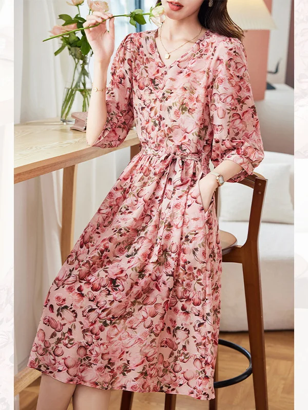 Vogelboom, 100% Echte Zijden Elegante Jurk, Vrouwen Halve Mouw V-Hals Bloemen, Vakantie Feest Ol Jurken, 2024 Zomer Herfst D46014qc