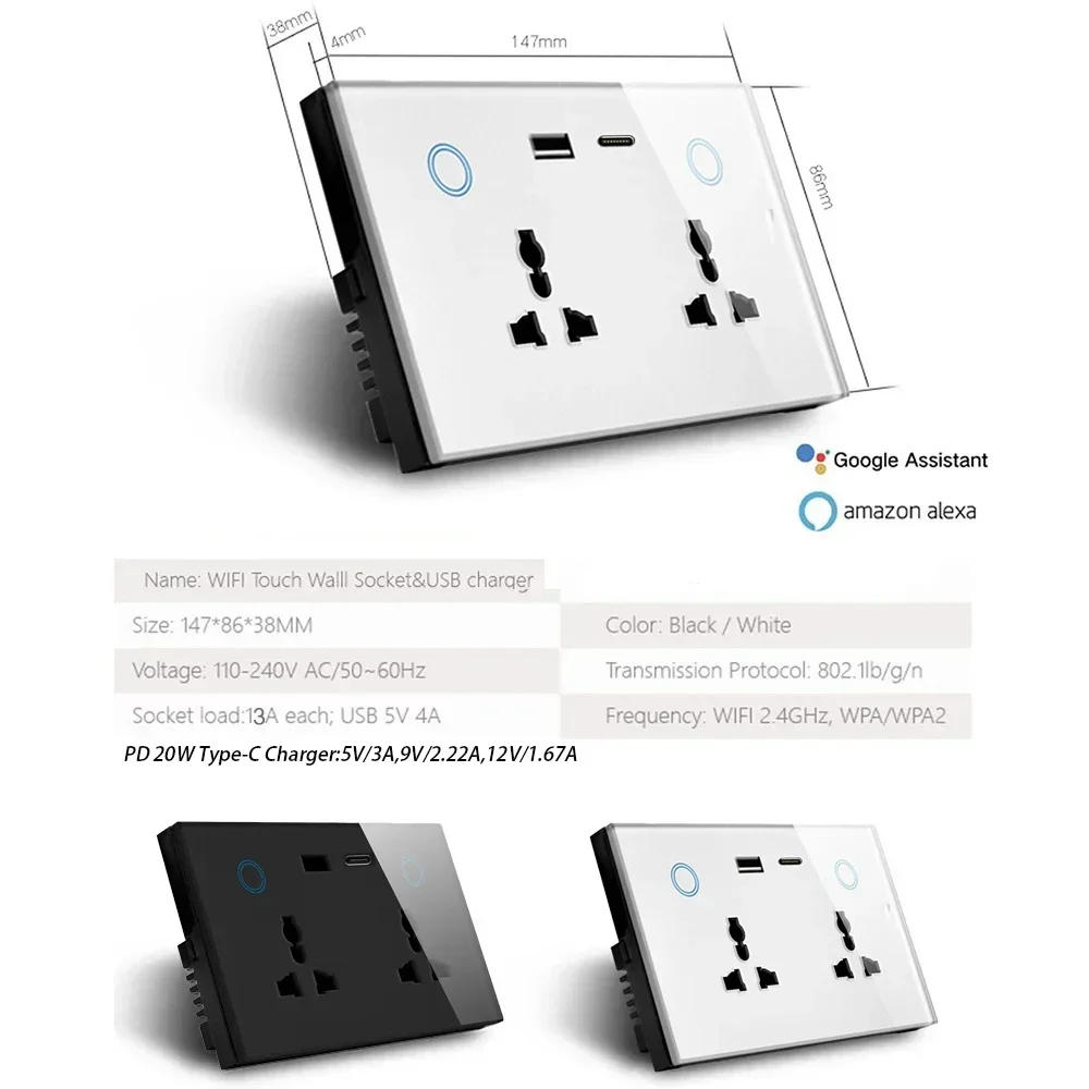 Shawader WIFI Smart Type-C PD 20W USB Wall Socket Universal Electrical Plug Outlet Power Touch Switch Remote, Alexa Google Home