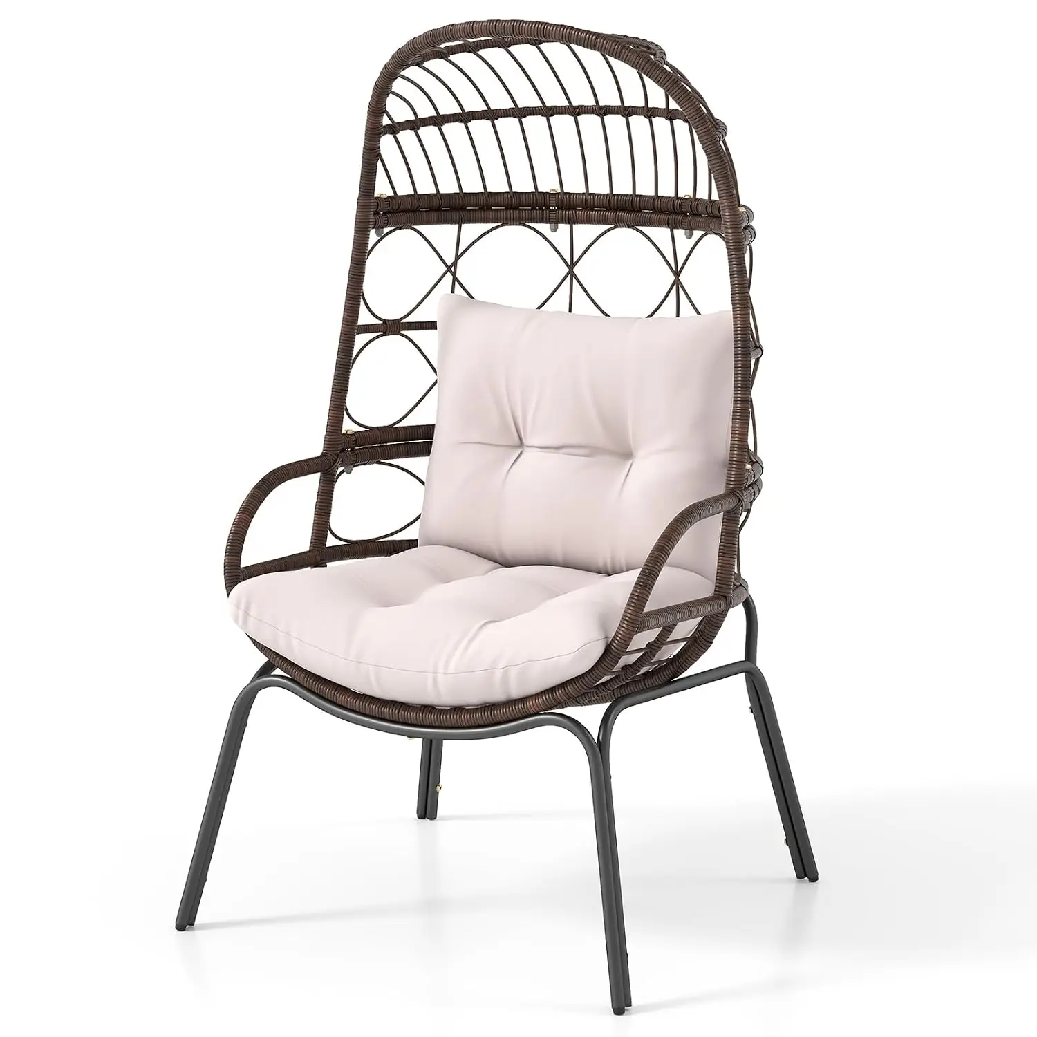 PE Wicker Egg Chair with Cushions & Metal Frame, Outdoor Patio Balcony Basket Lounger 400 lbs, Customized