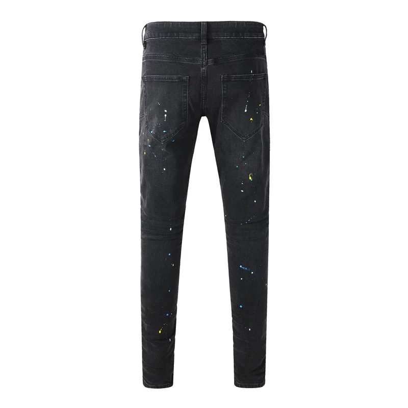 Fashionable new men's jeans, washed, nostalgic, perforated patch, elastic, slim fit, blue jeans, designer hip-hop brand jeans, h