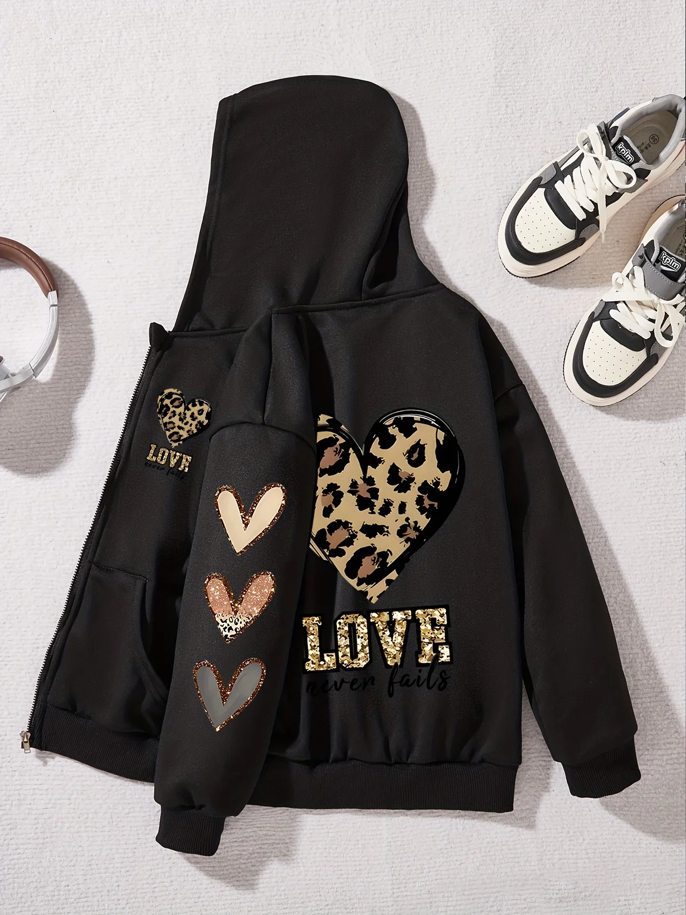 Girls Zip Up Hooded Jacket Leopard Heart LOVE Letter Graphic Long Sleeve Casual Kids Hoodie For Daily Outdoor Daily Outfit
