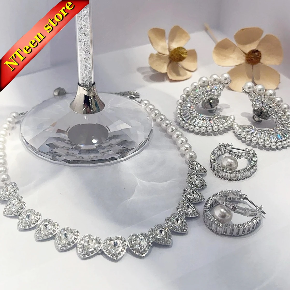 

Original 2025 New Fine Wedding Jewelry Set Charm Heart shaped Crystal Luxury Pearl Necklace Ring Earrings Romantic Gift forWomen