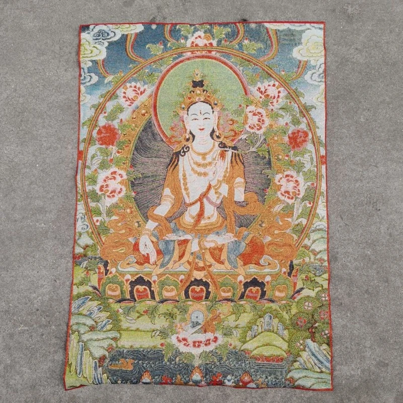 

Retro Brocade Thangka Embroidery Painting Tibetan King Of Ksitigarbha Green Grandmother Puxian Bodhisattva