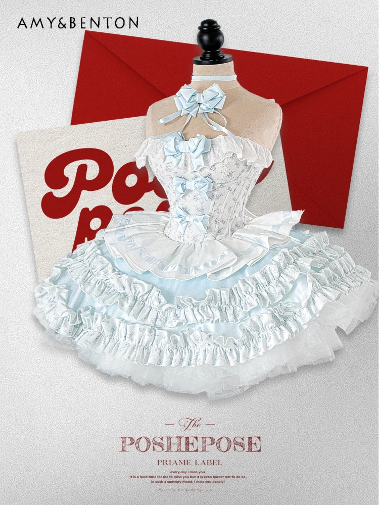 Ensemble jupe Lolita pour fille, tempérament rétro pastoral, épaules dénudées, nœud imprimé, haut sans bretelles, jupe Tutu, ensemble deux pièces pour femmes